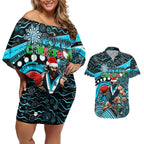 Merry Christmas AFL Power Couples Matching Off Shoulder Short Dress and Hawaiian Shirt Aboriginal Santa Football Mascot