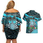 Merry Christmas AFL Power Couples Matching Off Shoulder Short Dress and Hawaiian Shirt Aboriginal Santa Football Mascot