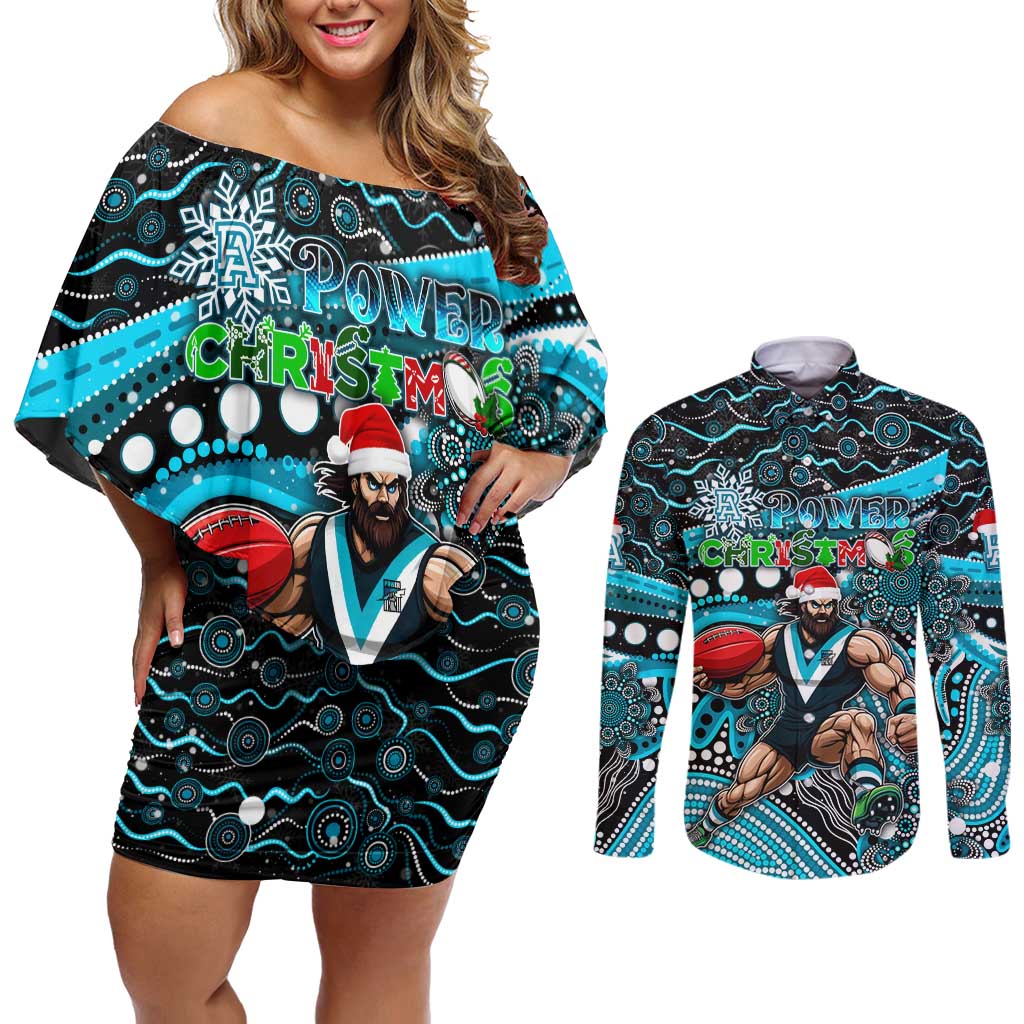 Merry Christmas AFL Power Couples Matching Off Shoulder Short Dress and Long Sleeve Button Shirt Aboriginal Santa Football Mascot