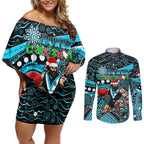 Merry Christmas AFL Power Couples Matching Off Shoulder Short Dress and Long Sleeve Button Shirt Aboriginal Santa Football Mascot