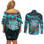Merry Christmas AFL Power Couples Matching Off Shoulder Short Dress and Long Sleeve Button Shirt Aboriginal Santa Football Mascot