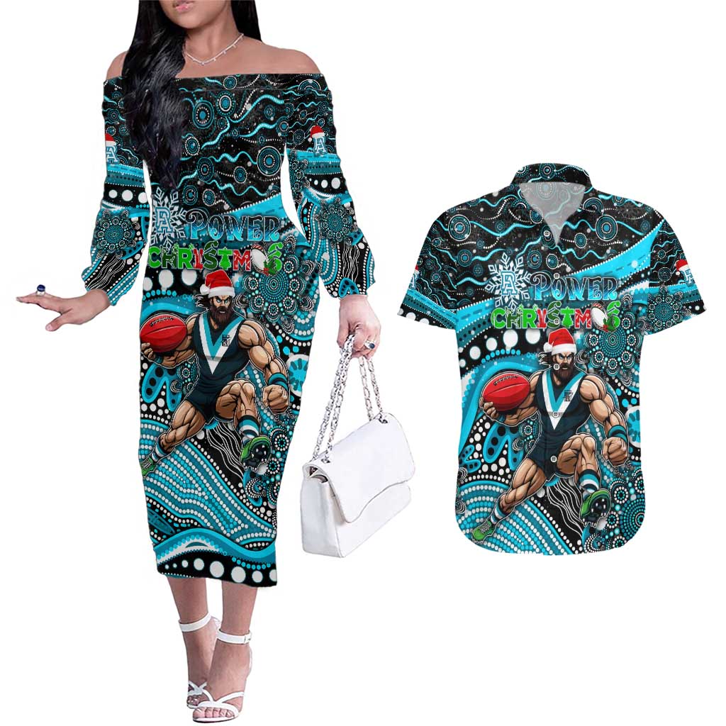 Merry Christmas AFL Power Couples Matching Off The Shoulder Long Sleeve Dress and Hawaiian Shirt Aboriginal Santa Football Mascot