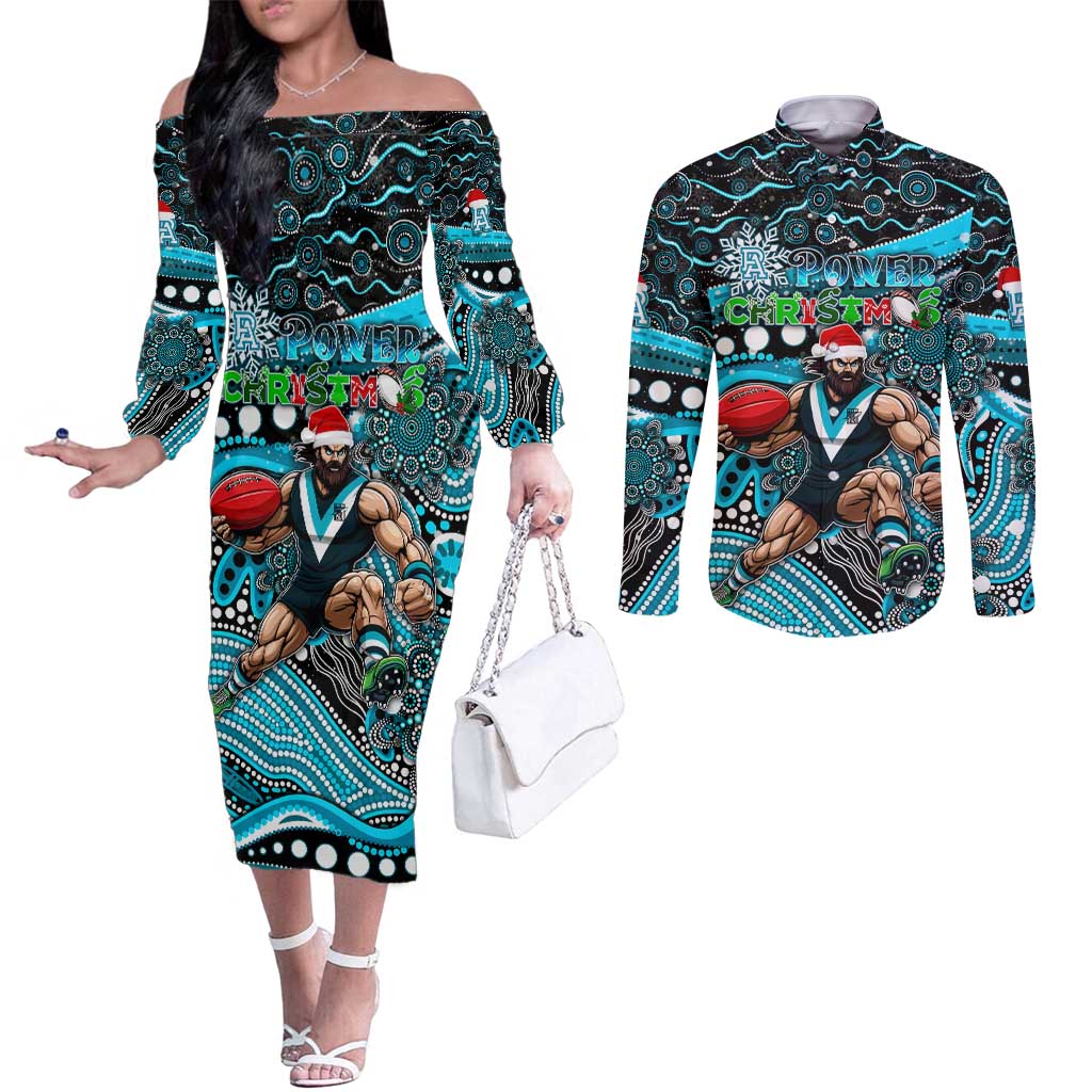 Merry Christmas AFL Power Couples Matching Off The Shoulder Long Sleeve Dress and Long Sleeve Button Shirt Aboriginal Santa Football Mascot