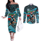Merry Christmas AFL Power Couples Matching Off The Shoulder Long Sleeve Dress and Long Sleeve Button Shirt Aboriginal Santa Football Mascot