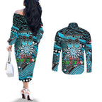Merry Christmas AFL Power Couples Matching Off The Shoulder Long Sleeve Dress and Long Sleeve Button Shirt Aboriginal Santa Football Mascot