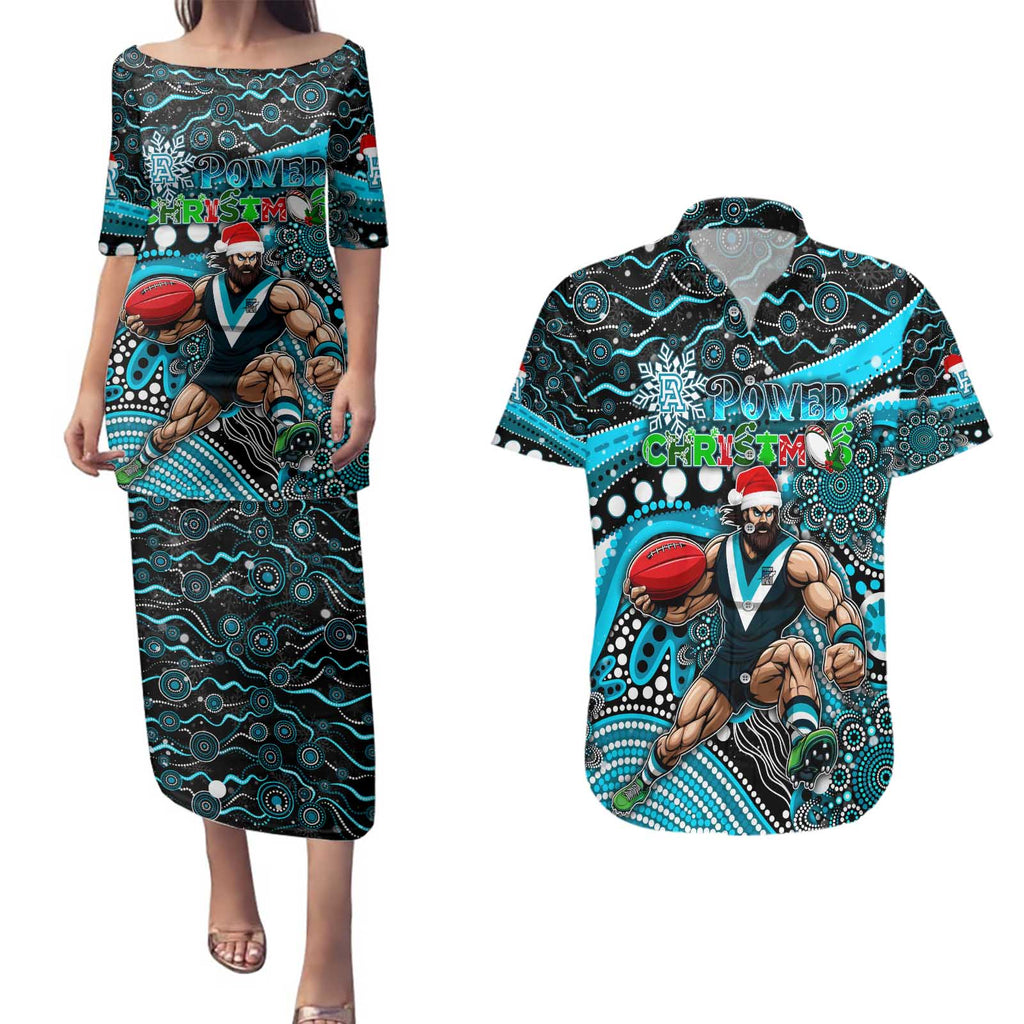 Merry Christmas AFL Power Couples Matching Puletasi and Hawaiian Shirt Aboriginal Santa Football Mascot