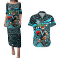 Merry Christmas AFL Power Couples Matching Puletasi and Hawaiian Shirt Aboriginal Santa Football Mascot
