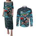 Merry Christmas AFL Power Couples Matching Puletasi and Long Sleeve Button Shirt Aboriginal Santa Football Mascot