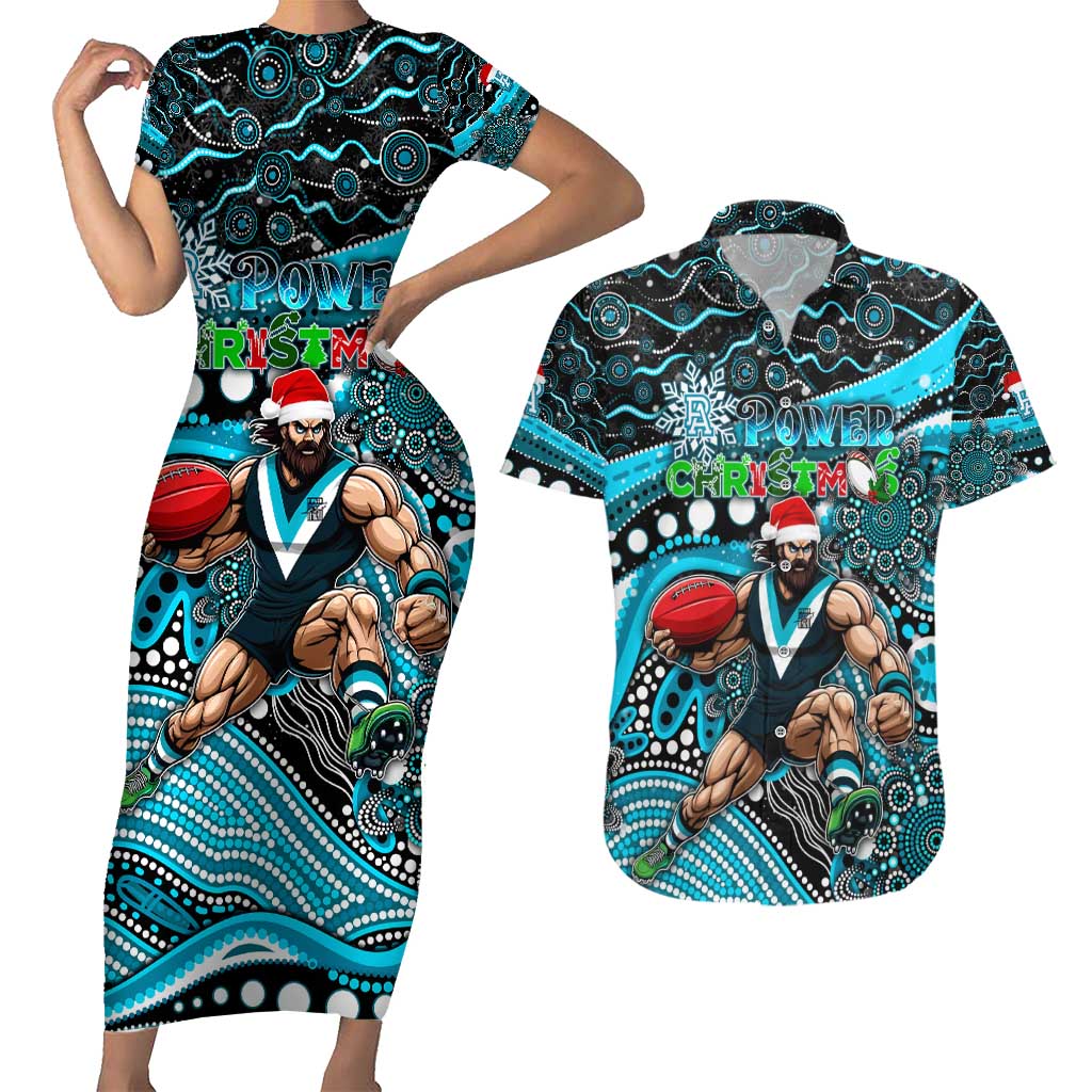 Merry Christmas AFL Power Couples Matching Short Sleeve Bodycon Dress and Hawaiian Shirt Aboriginal Santa Football Mascot