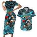 Merry Christmas AFL Power Couples Matching Short Sleeve Bodycon Dress and Hawaiian Shirt Aboriginal Santa Football Mascot