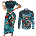 Merry Christmas AFL Power Couples Matching Short Sleeve Bodycon Dress and Long Sleeve Button Shirt Aboriginal Santa Football Mascot