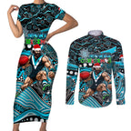 Merry Christmas AFL Power Couples Matching Short Sleeve Bodycon Dress and Long Sleeve Button Shirt Aboriginal Santa Football Mascot