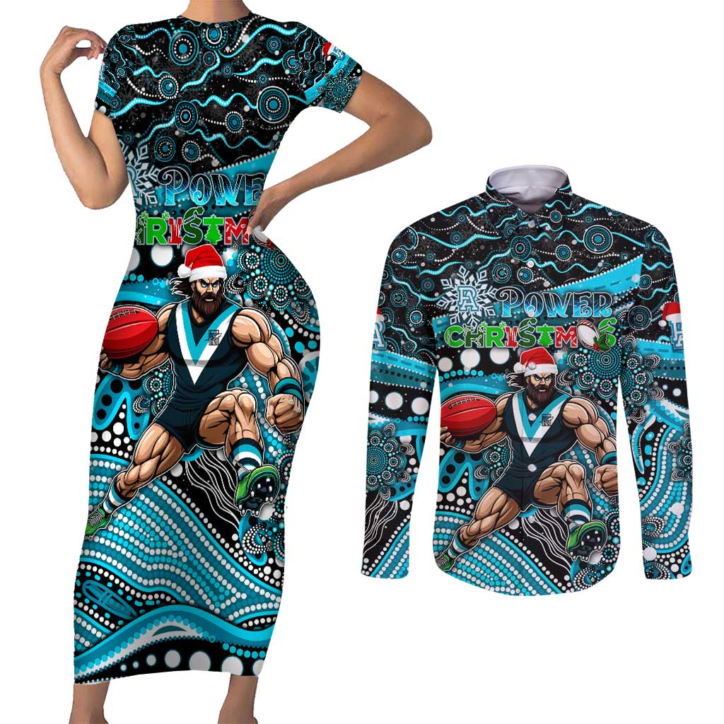 Merry Christmas AFL Power Couples Matching Short Sleeve Bodycon Dress and Long Sleeve Button Shirt Aboriginal Santa Football Mascot