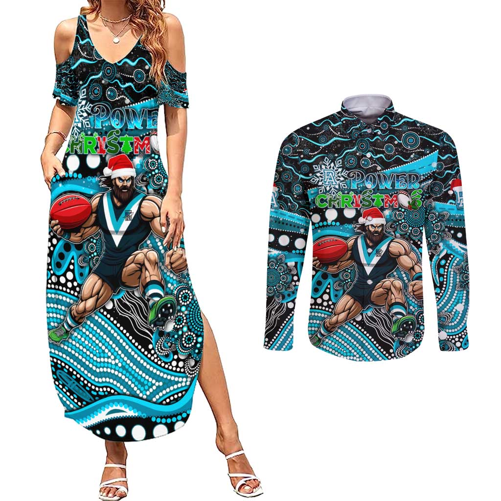 Merry Christmas AFL Power Couples Matching Summer Maxi Dress and Long Sleeve Button Shirt Aboriginal Santa Football Mascot