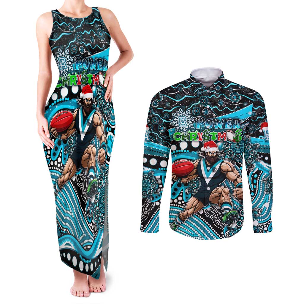 Merry Christmas AFL Power Couples Matching Tank Maxi Dress and Long Sleeve Button Shirt Aboriginal Santa Football Mascot