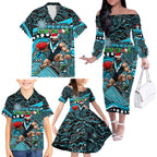 Merry Christmas AFL Power Family Matching Off The Shoulder Long Sleeve Dress and Hawaiian Shirt Aboriginal Santa Football Mascot