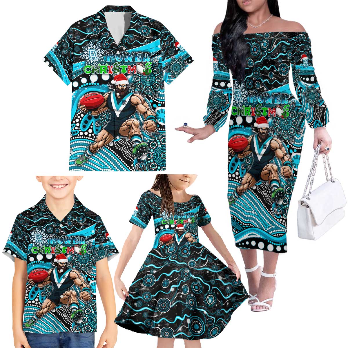 Merry Christmas AFL Power Family Matching Off The Shoulder Long Sleeve Dress and Hawaiian Shirt Aboriginal Santa Football Mascot