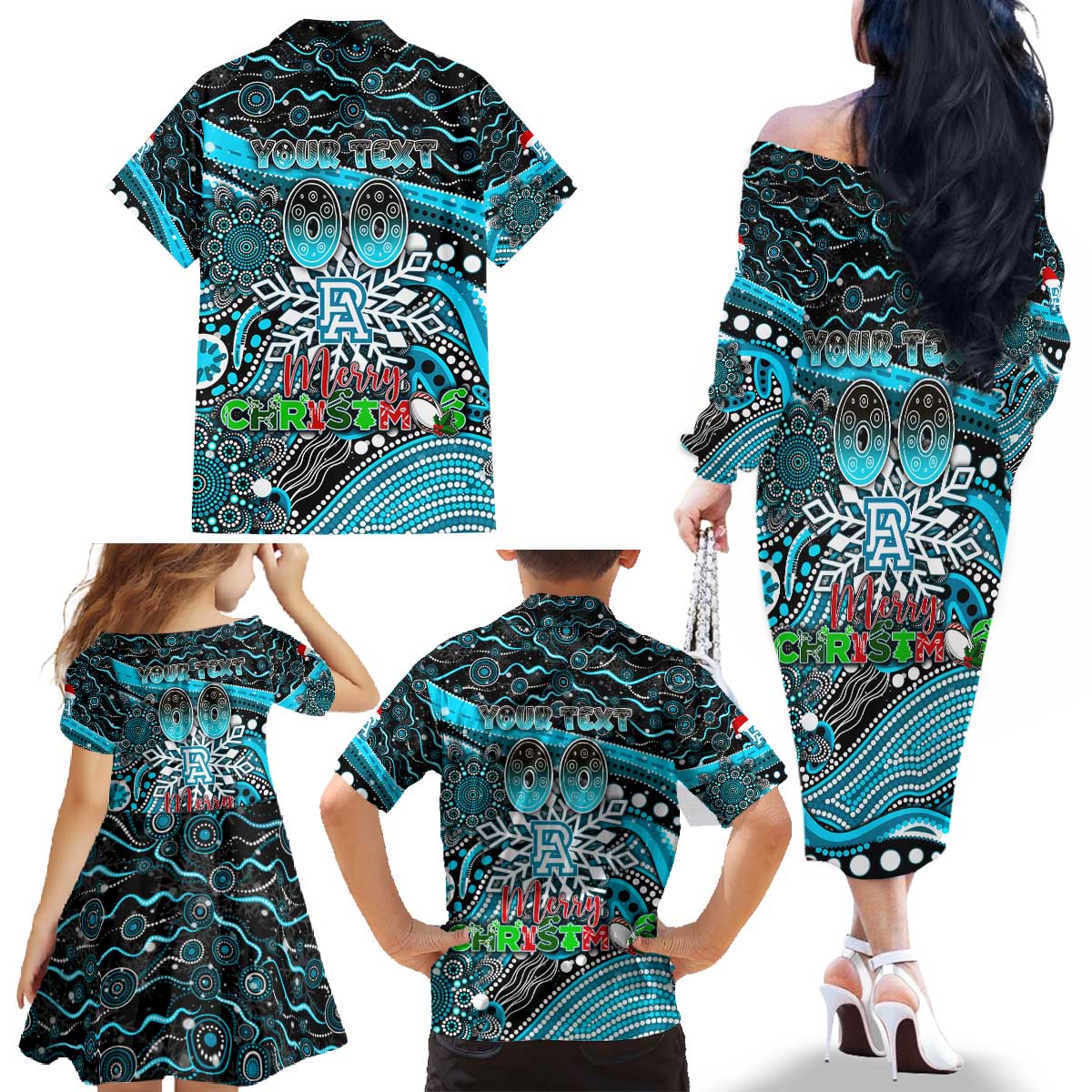 Merry Christmas AFL Power Family Matching Off The Shoulder Long Sleeve Dress and Hawaiian Shirt Aboriginal Santa Football Mascot