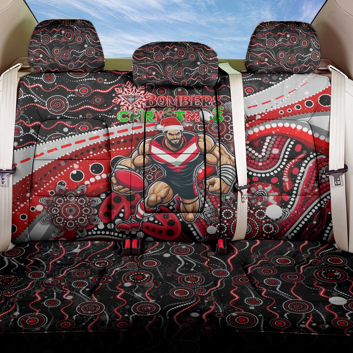 Merry Christmas AFL Bombers Back Car Seat Cover Aboriginal Santa Football Mascot
