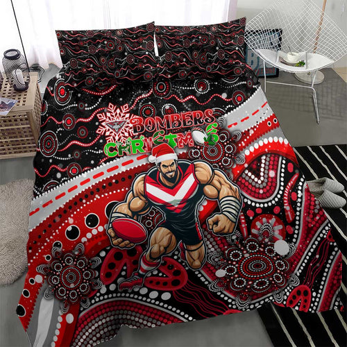 Merry Christmas AFL Bombers Bedding Set Aboriginal Santa Football Mascot
