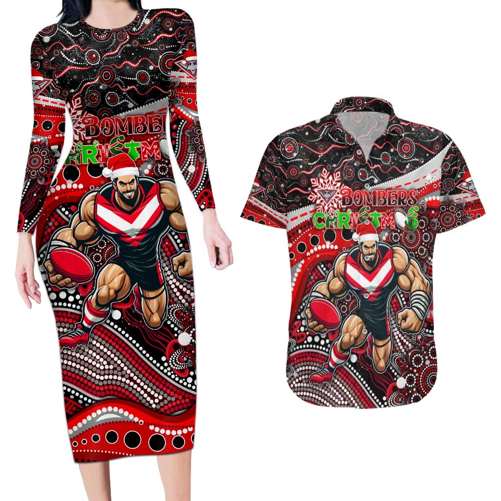 Merry Christmas AFL Bombers Couples Matching Long Sleeve Bodycon Dress and Hawaiian Shirt Aboriginal Santa Football Mascot