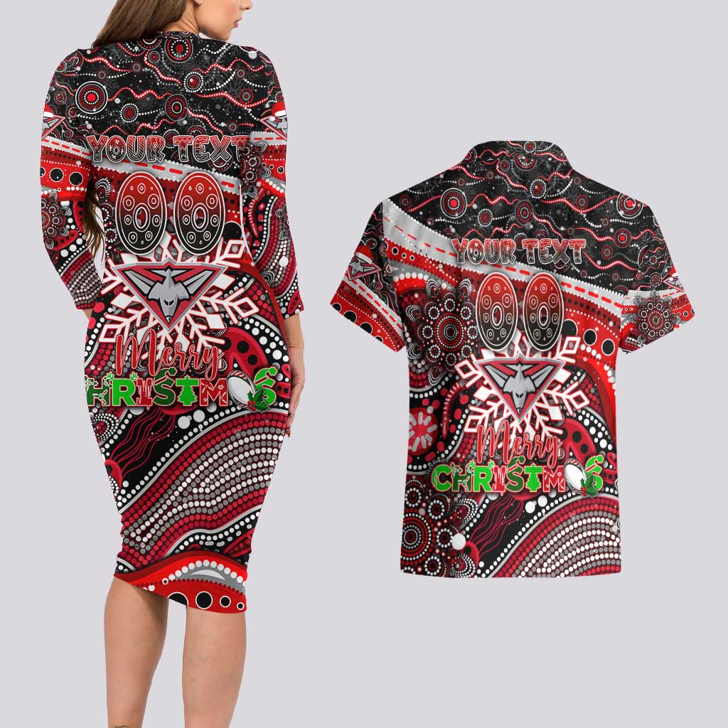 Merry Christmas AFL Bombers Couples Matching Long Sleeve Bodycon Dress and Hawaiian Shirt Aboriginal Santa Football Mascot