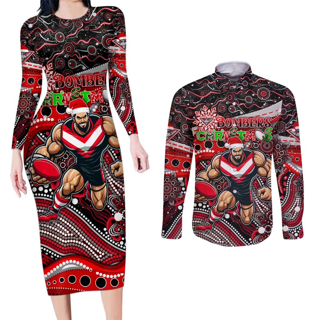 Merry Christmas AFL Bombers Couples Matching Long Sleeve Bodycon Dress and Long Sleeve Button Shirt Aboriginal Santa Football Mascot