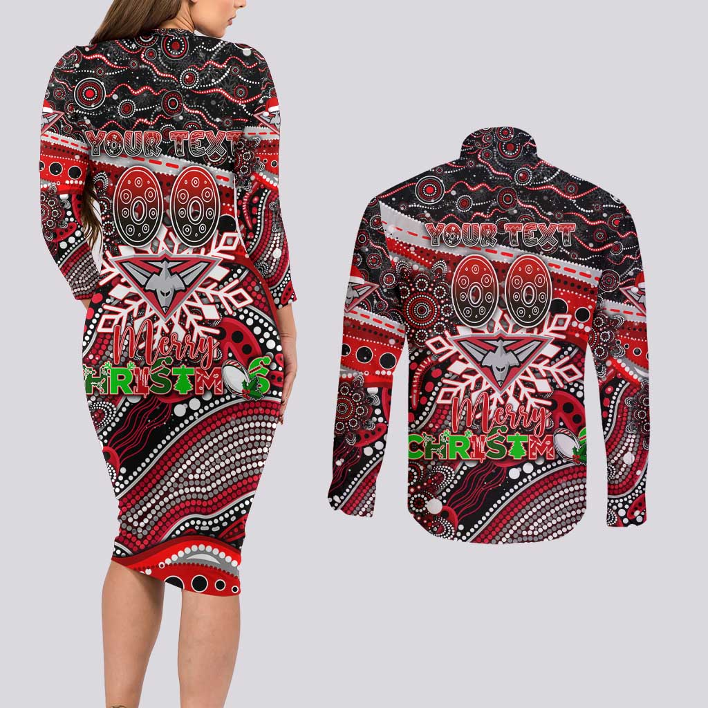 Merry Christmas AFL Bombers Couples Matching Long Sleeve Bodycon Dress and Long Sleeve Button Shirt Aboriginal Santa Football Mascot