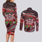 Merry Christmas AFL Bombers Couples Matching Long Sleeve Bodycon Dress and Long Sleeve Button Shirt Aboriginal Santa Football Mascot