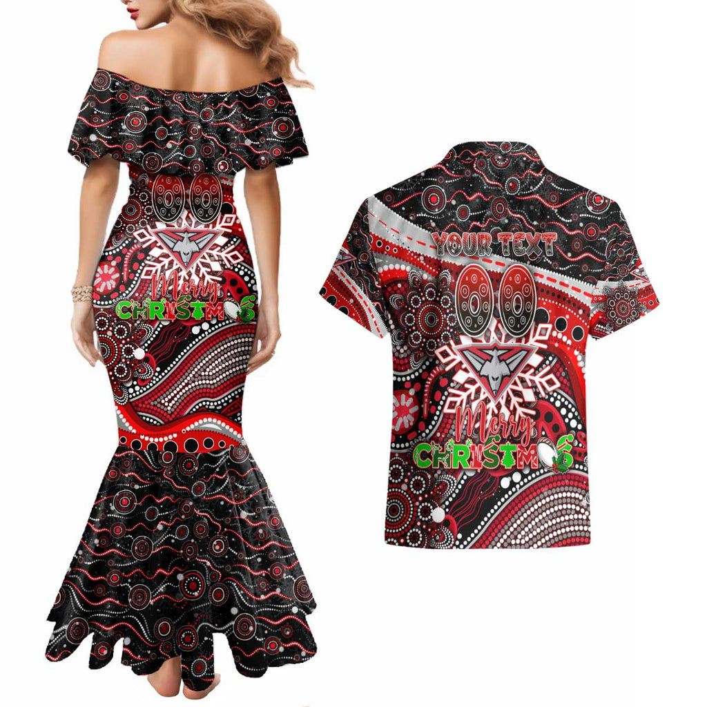 Merry Christmas AFL Bombers Couples Matching Mermaid Dress and Hawaiian Shirt Aboriginal Santa Football Mascot