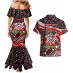 Merry Christmas AFL Bombers Couples Matching Mermaid Dress and Hawaiian Shirt Aboriginal Santa Football Mascot