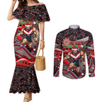 Merry Christmas AFL Bombers Couples Matching Mermaid Dress and Long Sleeve Button Shirt Aboriginal Santa Football Mascot