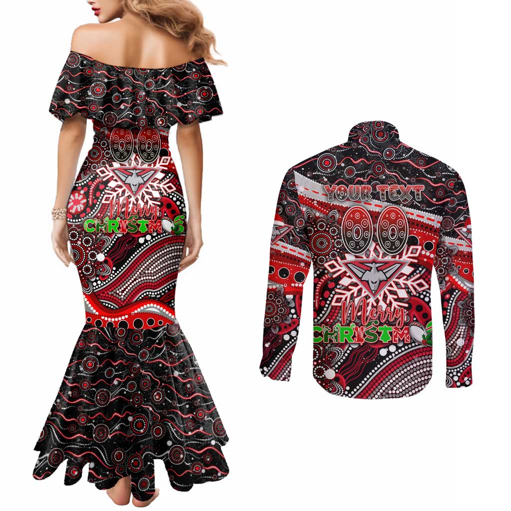 Merry Christmas AFL Bombers Couples Matching Mermaid Dress and Long Sleeve Button Shirt Aboriginal Santa Football Mascot