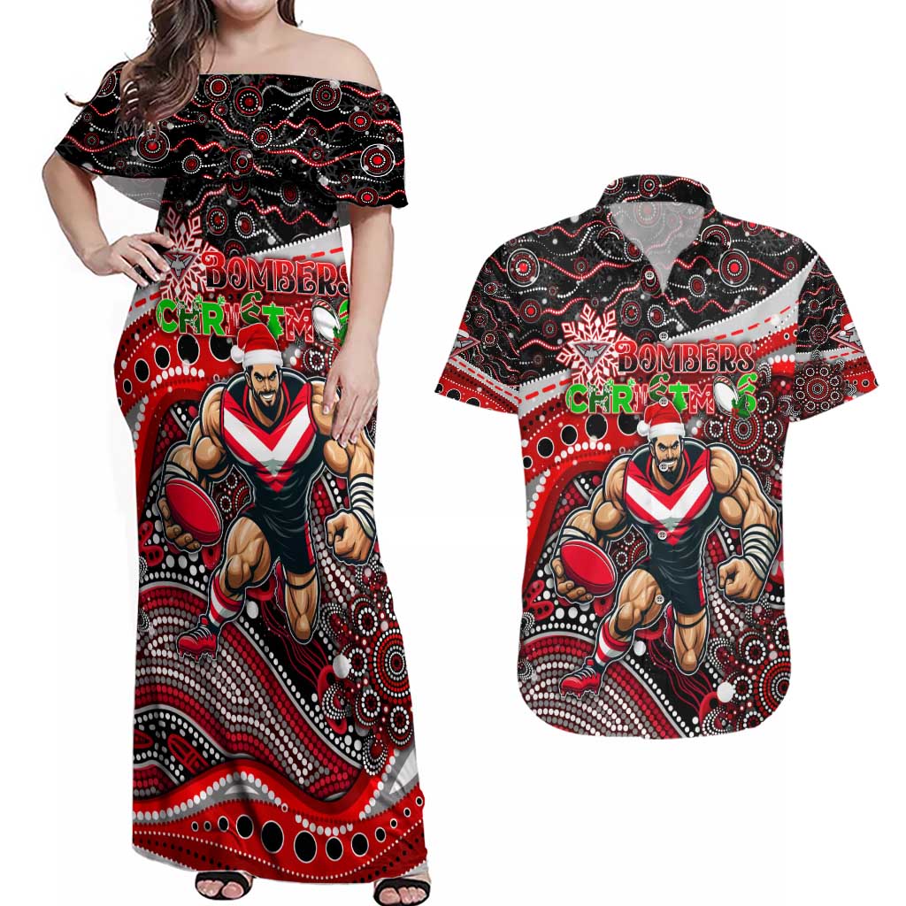 Merry Christmas AFL Bombers Couples Matching Off Shoulder Maxi Dress and Hawaiian Shirt Aboriginal Santa Football Mascot