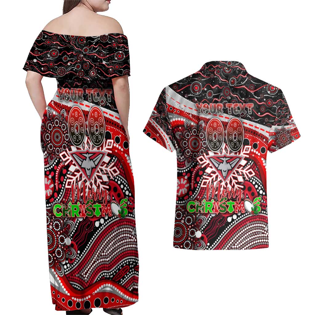 Merry Christmas AFL Bombers Couples Matching Off Shoulder Maxi Dress and Hawaiian Shirt Aboriginal Santa Football Mascot