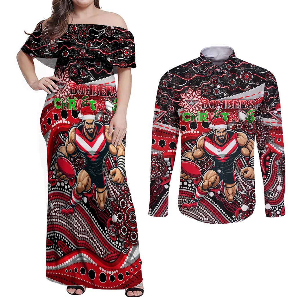 Merry Christmas AFL Bombers Couples Matching Off Shoulder Maxi Dress and Long Sleeve Button Shirt Aboriginal Santa Football Mascot