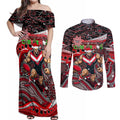 Merry Christmas AFL Bombers Couples Matching Off Shoulder Maxi Dress and Long Sleeve Button Shirt Aboriginal Santa Football Mascot