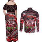 Merry Christmas AFL Bombers Couples Matching Off Shoulder Maxi Dress and Long Sleeve Button Shirt Aboriginal Santa Football Mascot