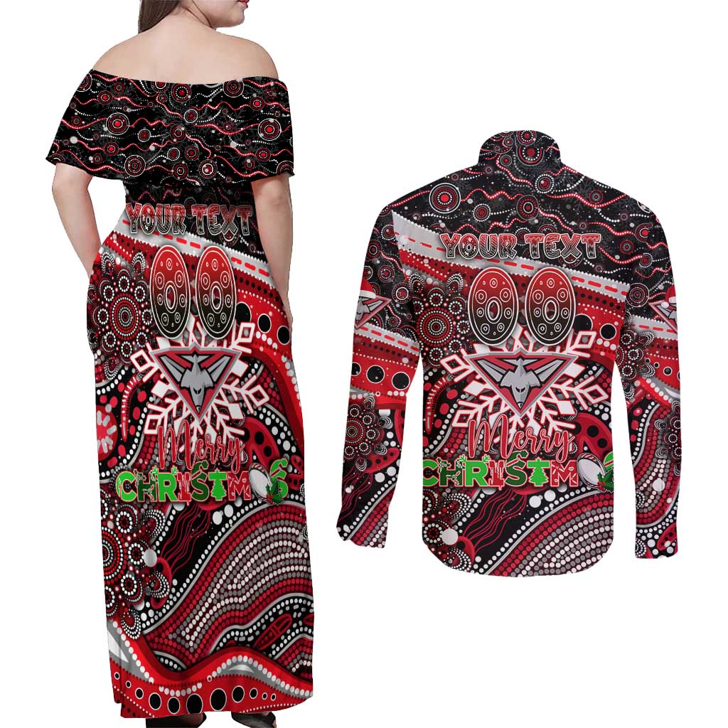 Merry Christmas AFL Bombers Couples Matching Off Shoulder Maxi Dress and Long Sleeve Button Shirt Aboriginal Santa Football Mascot