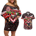 Merry Christmas AFL Bombers Couples Matching Off Shoulder Short Dress and Hawaiian Shirt Aboriginal Santa Football Mascot