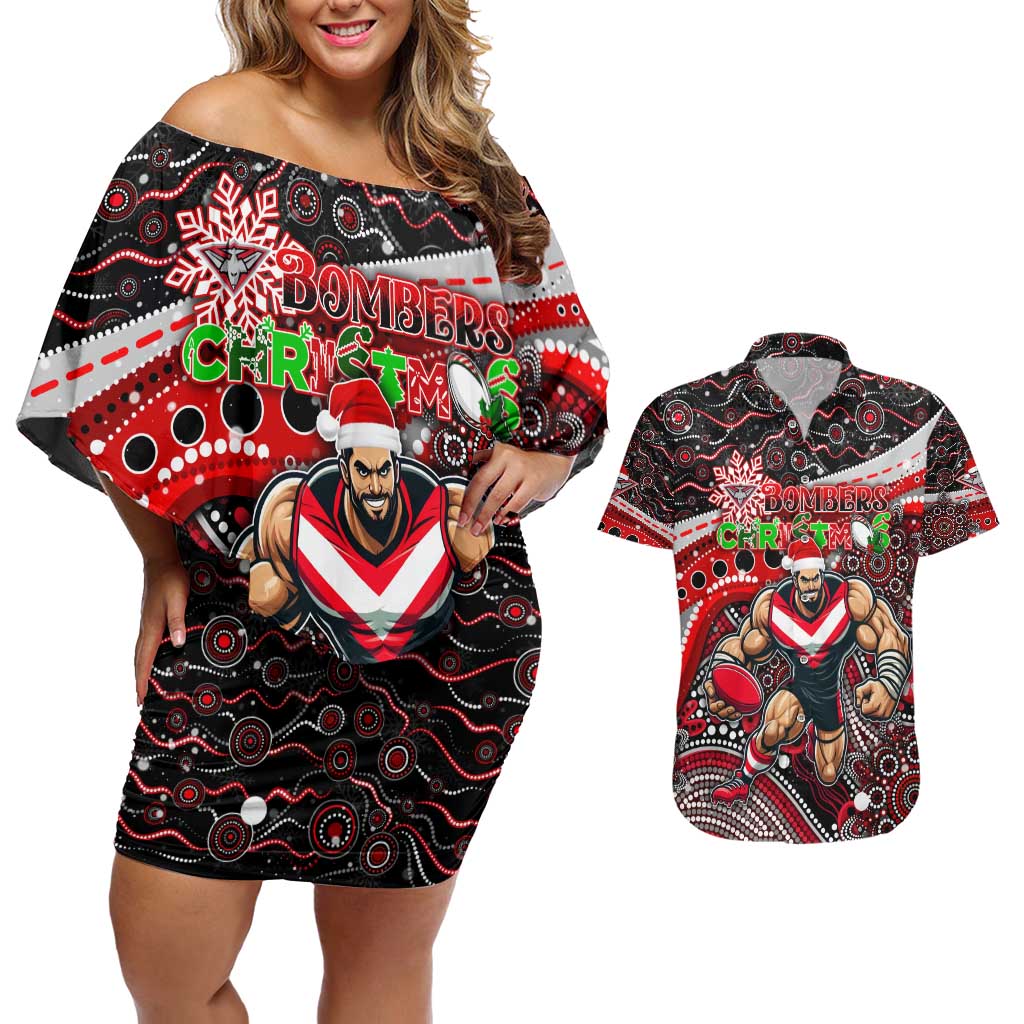 Merry Christmas AFL Bombers Couples Matching Off Shoulder Short Dress and Hawaiian Shirt Aboriginal Santa Football Mascot