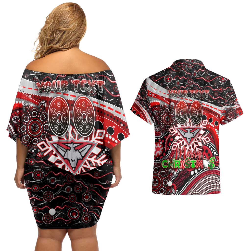 Merry Christmas AFL Bombers Couples Matching Off Shoulder Short Dress and Hawaiian Shirt Aboriginal Santa Football Mascot