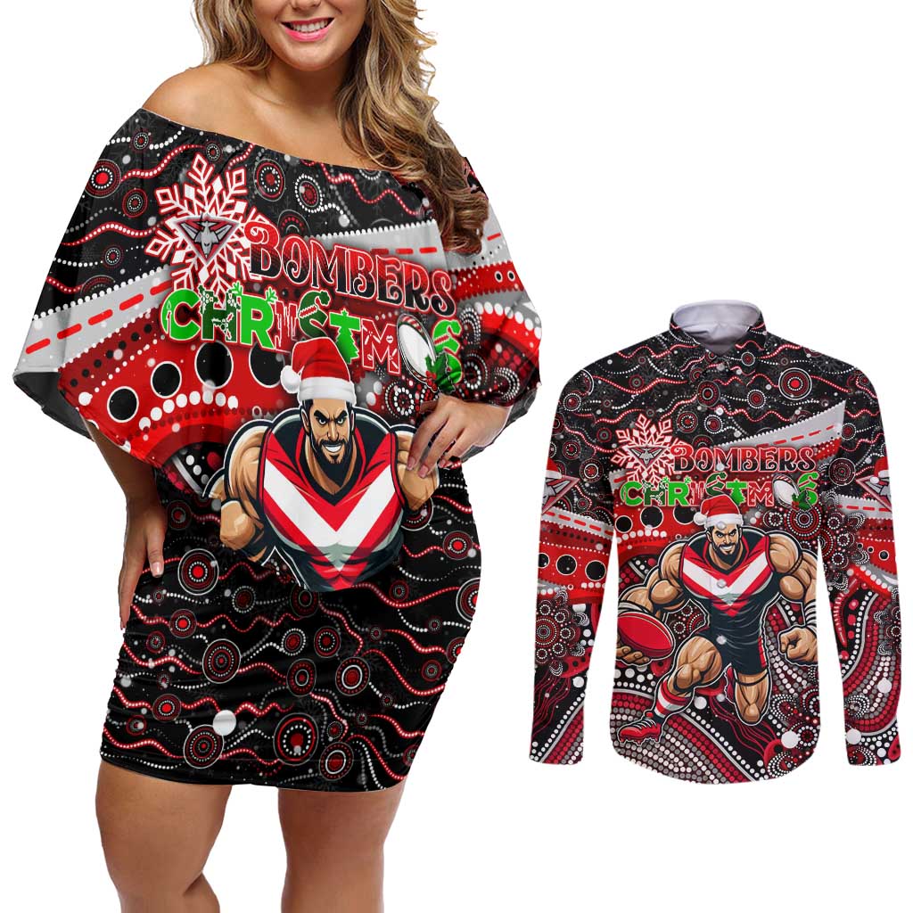 Merry Christmas AFL Bombers Couples Matching Off Shoulder Short Dress and Long Sleeve Button Shirt Aboriginal Santa Football Mascot