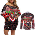 Merry Christmas AFL Bombers Couples Matching Off Shoulder Short Dress and Long Sleeve Button Shirt Aboriginal Santa Football Mascot