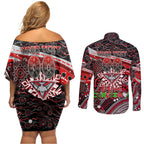 Merry Christmas AFL Bombers Couples Matching Off Shoulder Short Dress and Long Sleeve Button Shirt Aboriginal Santa Football Mascot