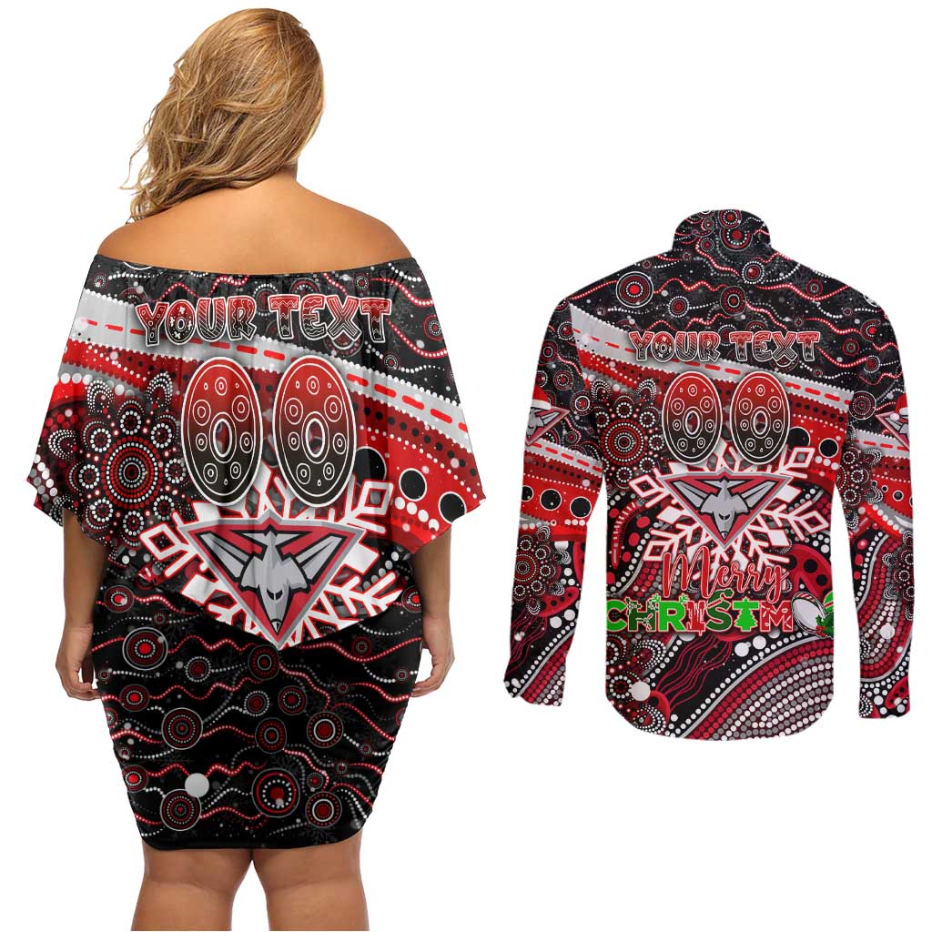 Merry Christmas AFL Bombers Couples Matching Off Shoulder Short Dress and Long Sleeve Button Shirt Aboriginal Santa Football Mascot