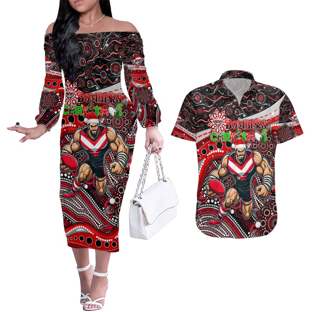 Merry Christmas AFL Bombers Couples Matching Off The Shoulder Long Sleeve Dress and Hawaiian Shirt Aboriginal Santa Football Mascot