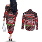Merry Christmas AFL Bombers Couples Matching Off The Shoulder Long Sleeve Dress and Long Sleeve Button Shirt Aboriginal Santa Football Mascot