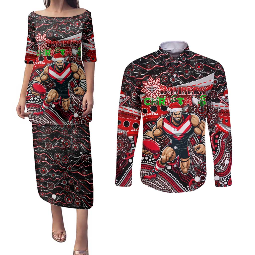 Merry Christmas AFL Bombers Couples Matching Puletasi and Long Sleeve Button Shirt Aboriginal Santa Football Mascot