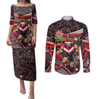 Merry Christmas AFL Bombers Couples Matching Puletasi and Long Sleeve Button Shirt Aboriginal Santa Football Mascot